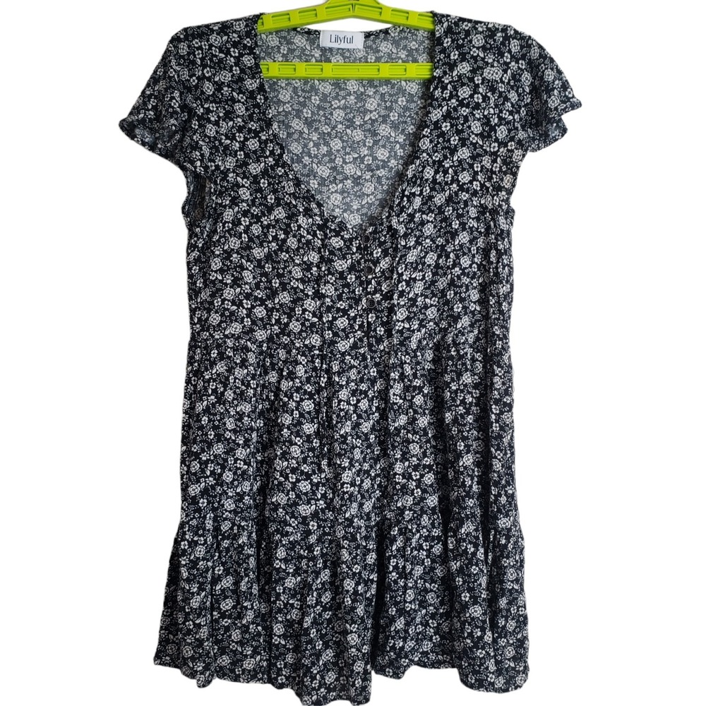 LILYFUL Women's Size Small Floral Ruffle Sleeve Babydoll Mini Dress Black White